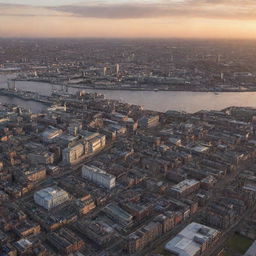 Bird's eye view of the city of Liverpool, UK, capturing the iconic buildings and the River Mersey at sunset.