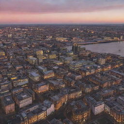 Bird's eye view of the city of Liverpool, UK, capturing the iconic buildings and the River Mersey at sunset.