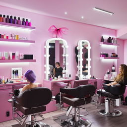 A modern, chic beauty shop interior filled with bright lighting, large mirrors, stylish salon chairs, shelves of beauty products, and customers being pampered by professional stylists.