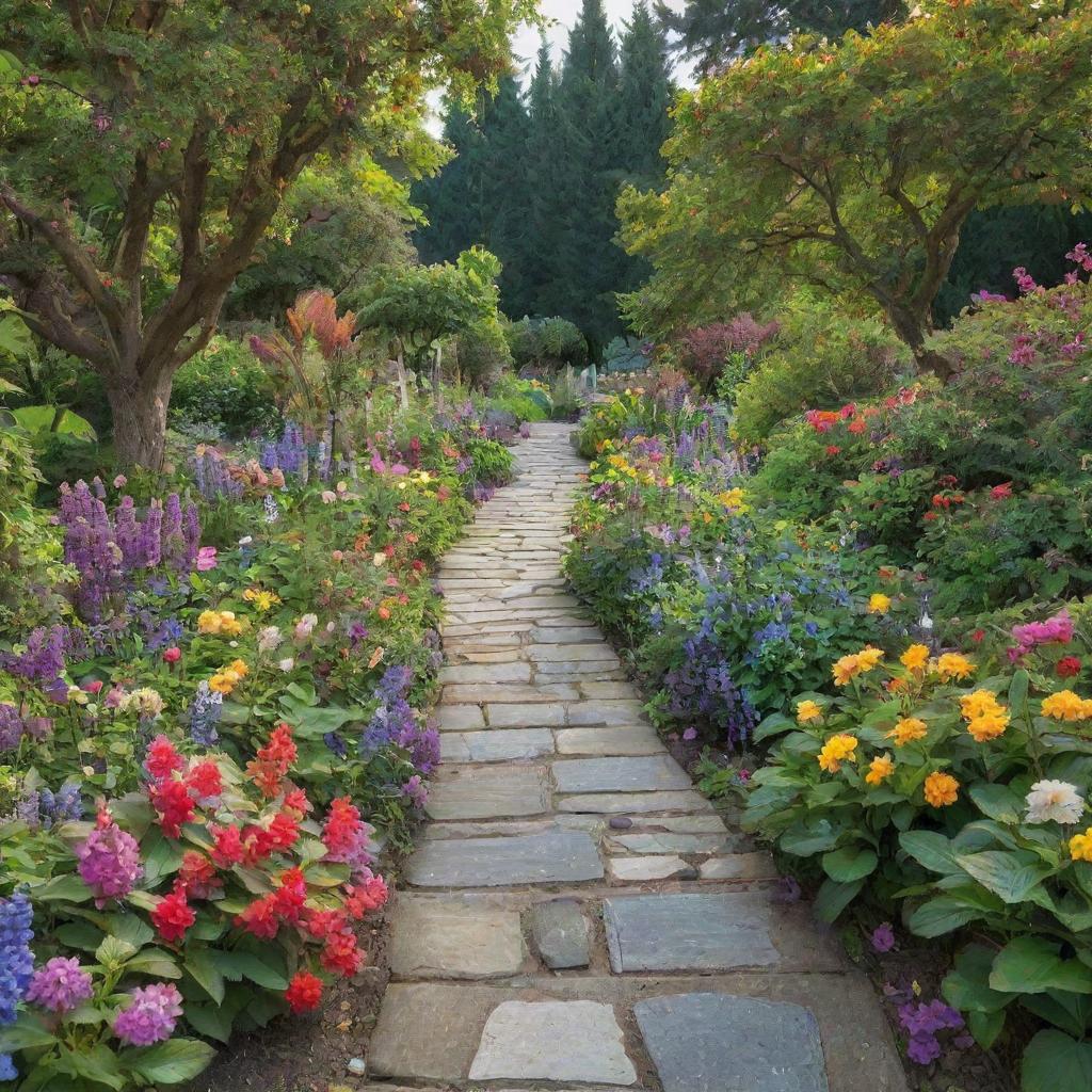 A lush, vibrant garden brimming with blooming flowers of various colors, a wending stone pathway, towering trees, and buzzing hummingbirds under a clear blue sky.