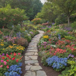 A lush, vibrant garden brimming with blooming flowers of various colors, a wending stone pathway, towering trees, and buzzing hummingbirds under a clear blue sky.