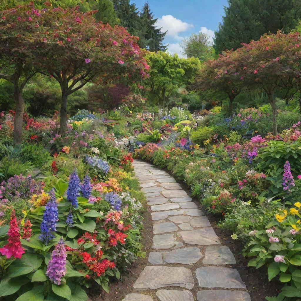 A lush, vibrant garden brimming with blooming flowers of various colors, a wending stone pathway, towering trees, and buzzing hummingbirds under a clear blue sky.