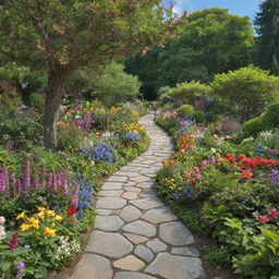 A lush, vibrant garden brimming with blooming flowers of various colors, a wending stone pathway, towering trees, and buzzing hummingbirds under a clear blue sky.