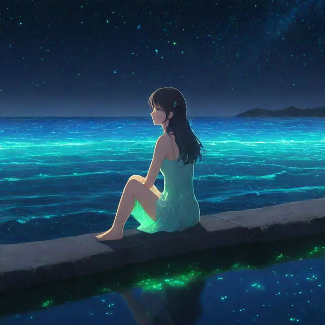 Anime girl sitting by the edge of a bioluminescent sea, her eyes reflecting the glittering neon blues and greens, with stars twinkling in the night sky.