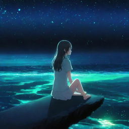 Anime girl sitting by the edge of a bioluminescent sea, her eyes reflecting the glittering neon blues and greens, with stars twinkling in the night sky.