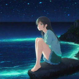 Anime girl sitting by the edge of a bioluminescent sea, her eyes reflecting the glittering neon blues and greens, with stars twinkling in the night sky.