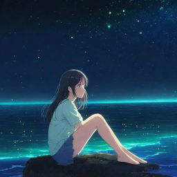 Anime girl sitting by the edge of a bioluminescent sea, her eyes reflecting the glittering neon blues and greens, with stars twinkling in the night sky.