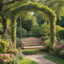 A picturesque garden with lush greenery and colorful blooms everywhere, a grand swing made of oak and vines in the center, inviting you to sit and enjoy the beauty around you under the sunlit sky.