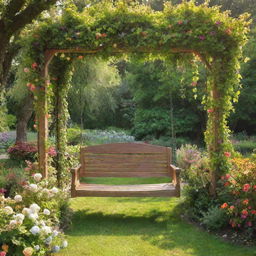 A picturesque garden with lush greenery and colorful blooms everywhere, a grand swing made of oak and vines in the center, inviting you to sit and enjoy the beauty around you under the sunlit sky.