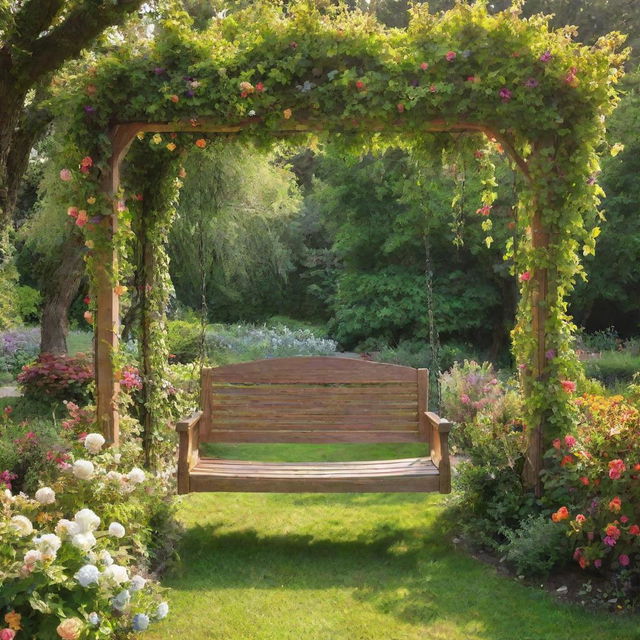 A picturesque garden with lush greenery and colorful blooms everywhere, a grand swing made of oak and vines in the center, inviting you to sit and enjoy the beauty around you under the sunlit sky.