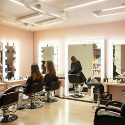 A modern, chic beauty shop interior filled with bright lighting, large mirrors, stylish salon chairs, shelves of beauty products, and customers being pampered by professional stylists.