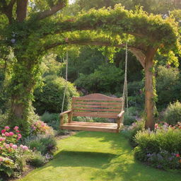 A picturesque garden with lush greenery and colorful blooms everywhere, a grand swing made of oak and vines in the center, inviting you to sit and enjoy the beauty around you under the sunlit sky.