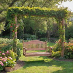 A picturesque garden with lush greenery and colorful blooms everywhere, a grand swing made of oak and vines in the center, inviting you to sit and enjoy the beauty around you under the sunlit sky.