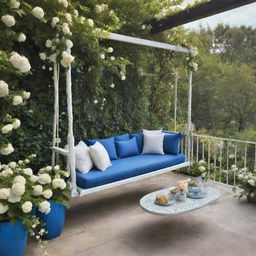 A visually stunning garden dominated by a deep cerulean blue theme, housing a ginormous swing draped in soothing white florals, and a lavish balcony overlooking this tranquil setting.