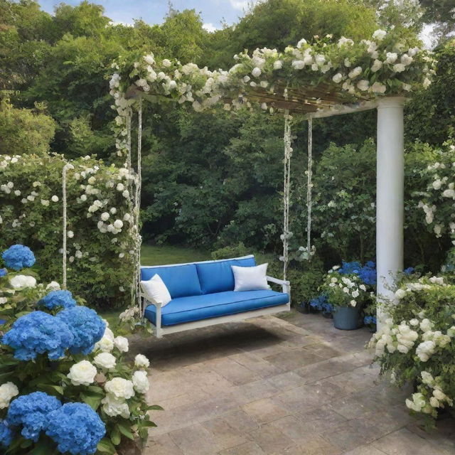 A visually stunning garden dominated by a deep cerulean blue theme, housing a ginormous swing draped in soothing white florals, and a lavish balcony overlooking this tranquil setting.