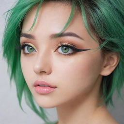 Vibrant and captivating anime style eyes in a mesmerizing shade of green, exuding a sense of charm and mysterious allure.