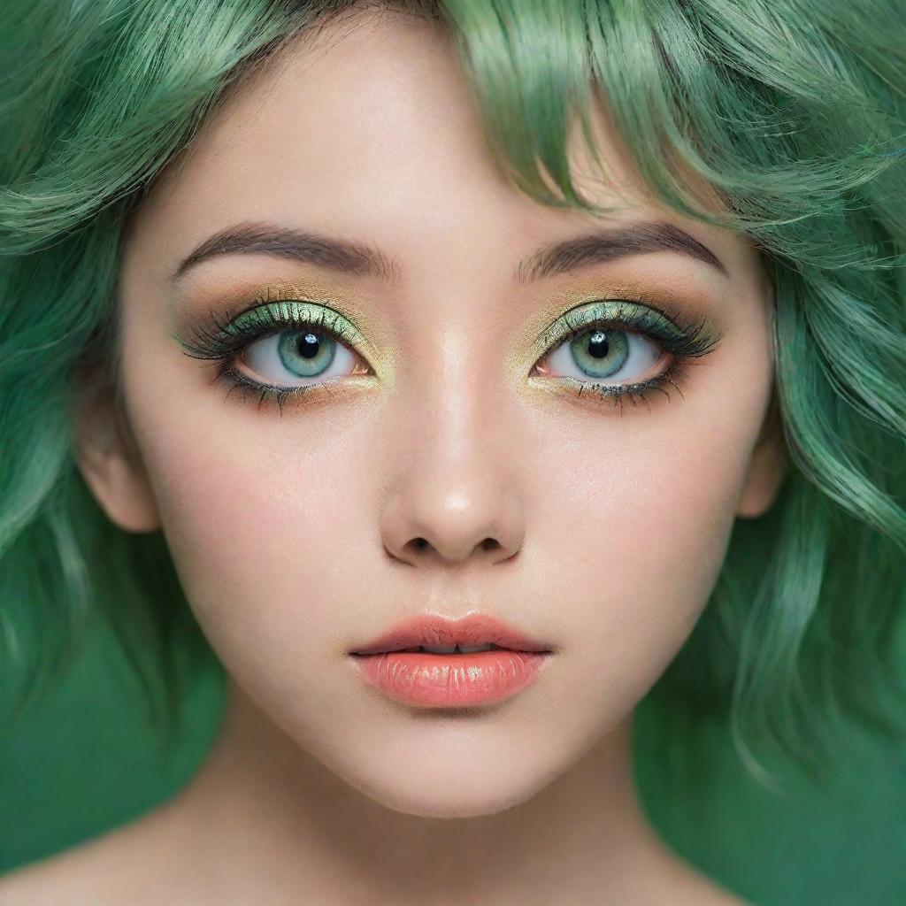 Vibrant and captivating anime style eyes in a mesmerizing shade of green, exuding a sense of charm and mysterious allure.