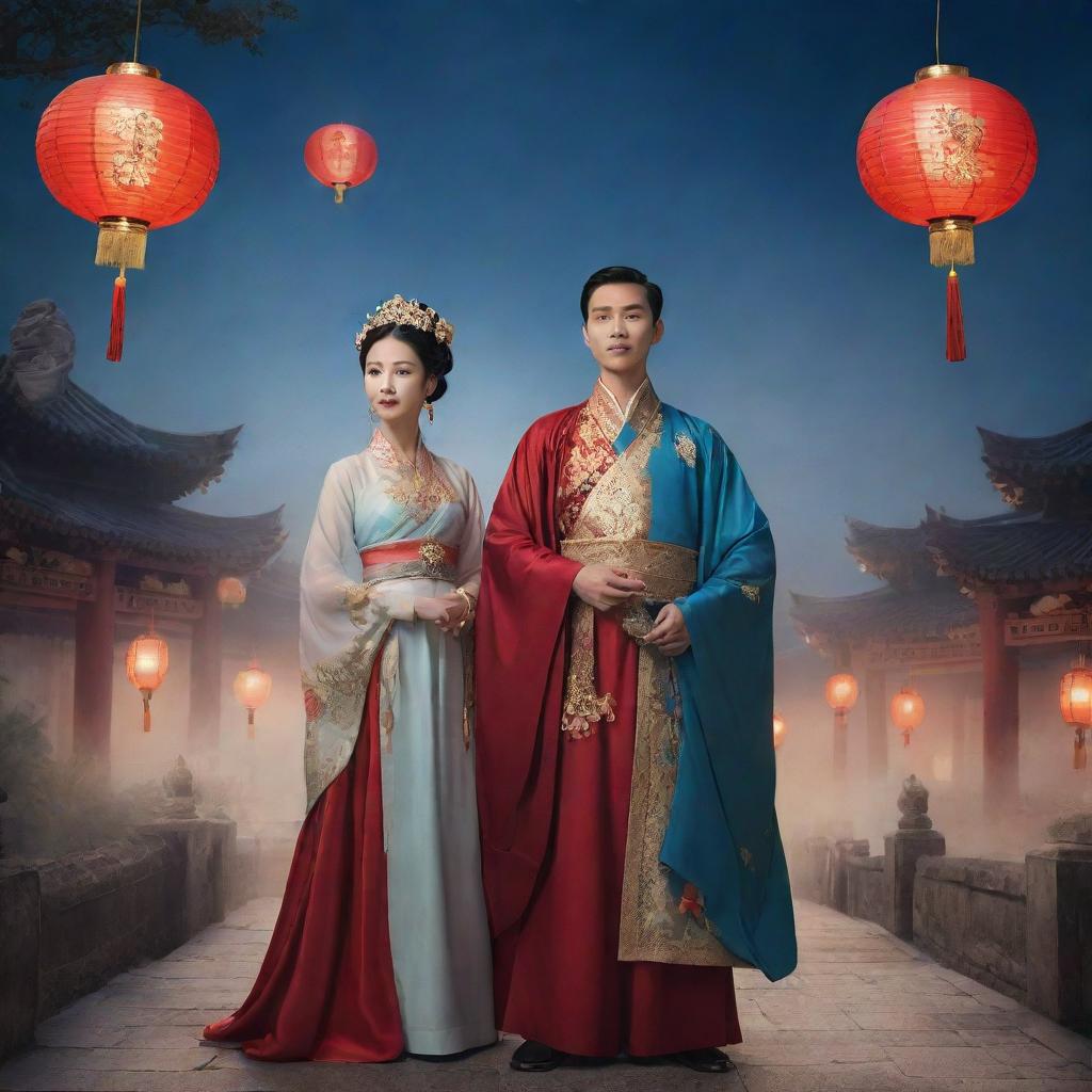 A fantasy-themed poster showing a striking Chinese male lead dressed in traditional garb, standing alongside a lady of historical elegance, beautifully robed. Their backdrop: an ethereal mystic land with floating lanterns under a twilight sky.