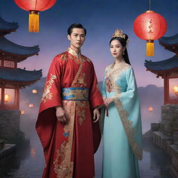 A fantasy-themed poster showing a striking Chinese male lead dressed in traditional garb, standing alongside a lady of historical elegance, beautifully robed. Their backdrop: an ethereal mystic land with floating lanterns under a twilight sky.