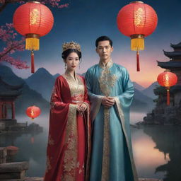 A fantasy-themed poster showing a striking Chinese male lead dressed in traditional garb, standing alongside a lady of historical elegance, beautifully robed. Their backdrop: an ethereal mystic land with floating lanterns under a twilight sky.