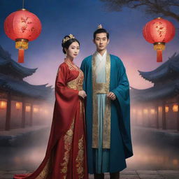 A fantasy-themed poster showing a striking Chinese male lead dressed in traditional garb, standing alongside a lady of historical elegance, beautifully robed. Their backdrop: an ethereal mystic land with floating lanterns under a twilight sky.