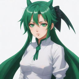 Full body portrait of an anime character with strikingly beautiful, emerald green eyes that stand out, conveying a sense of depth and intrigue.