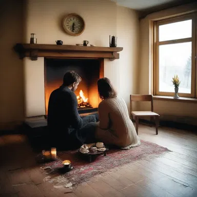 The couple sat together by the hob, their backs against the warm fireplace, enjoying the cozy atmosphere.