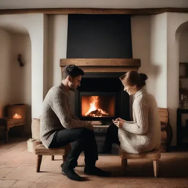 The couple sat together by the hob, their backs against the warm fireplace, enjoying the cozy atmosphere.
