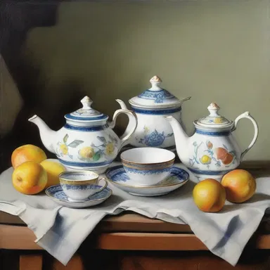 The artist painted a still life masterpiece featuring a beautifully arranged teapot and cups on the hob.