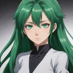 Full body portrait of an anime character with strikingly beautiful, emerald green eyes that stand out, conveying a sense of depth and intrigue.