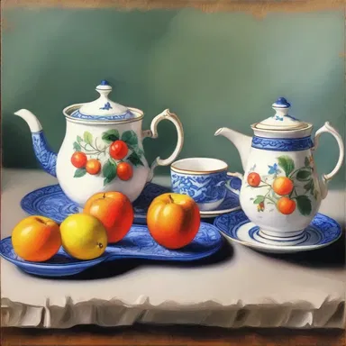 The artist painted a still life masterpiece featuring a beautifully arranged teapot and cups on the hob.