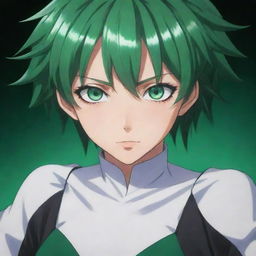 Full body portrait of an anime character with strikingly beautiful, emerald green eyes that stand out, conveying a sense of depth and intrigue.