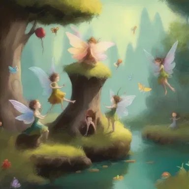 The painter created a whimsical artwork featuring hob fairies playing pranks on unsuspecting villagers.