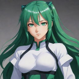 Full body portrait of an anime character with strikingly beautiful, emerald green eyes that stand out, conveying a sense of depth and intrigue.