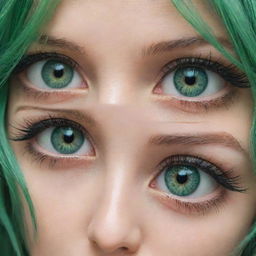 Hypnotic pair of the most beautiful anime-style eyes, in stunning shades of green, resonating with an intricate depth of expression and allure.