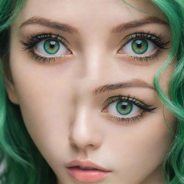 Hypnotic pair of the most beautiful anime-style eyes, in stunning shades of green, resonating with an intricate depth of expression and allure.