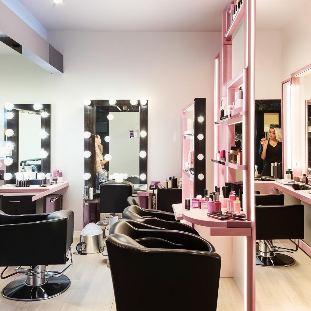 A modern, chic beauty shop interior filled with bright lighting, large mirrors, stylish salon chairs, shelves of beauty products, and customers being pampered by professional stylists.