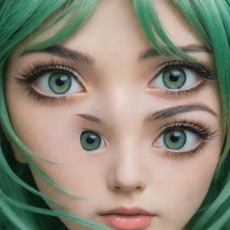 Hypnotic pair of the most beautiful anime-style eyes, in stunning shades of green, resonating with an intricate depth of expression and allure.