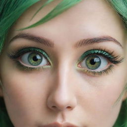 Hypnotic pair of the most beautiful anime-style eyes, in stunning shades of green, resonating with an intricate depth of expression and allure.