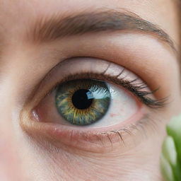 Close-up of enchanting human eyes in a captivating hue of green; the irises gleam under soft light, showcasing their intricate patterns and radiance.