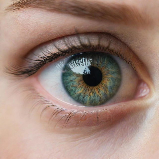 Close-up of enchanting human eyes in a captivating hue of green; the irises gleam under soft light, showcasing their intricate patterns and radiance.