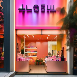 A contemporary beauty shop facade with vibrant colors, trendy signage, and a welcoming storefront window displaying beauty products.