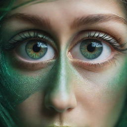 Intricate 2D art of a pair of mesmerizing human eyes in a remarkable shade of green, shimmering with life under a soft light, portraying depth and emotion.