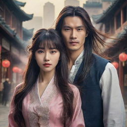 Modern fantasy poster featuring an extremely handsome Chinese male lead with long flowing hair and bangs, paired with a historically attired, cute and beautiful lady. They stand against a stunning, urban-fantasy backdrop, a blend of traditional and contemporary elements.