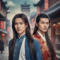 Modern fantasy poster featuring an extremely handsome Chinese male lead with long flowing hair and bangs, paired with a historically attired, cute and beautiful lady. They stand against a stunning, urban-fantasy backdrop, a blend of traditional and contemporary elements.