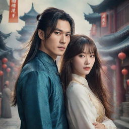 Modern fantasy poster featuring an extremely handsome Chinese male lead with long flowing hair and bangs, paired with a historically attired, cute and beautiful lady. They stand against a stunning, urban-fantasy backdrop, a blend of traditional and contemporary elements.