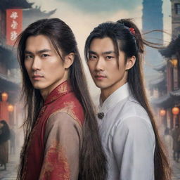 Modern fantasy poster featuring an extremely handsome Chinese male lead with long flowing hair and bangs, paired with a historically attired, cute and beautiful lady. They stand against a stunning, urban-fantasy backdrop, a blend of traditional and contemporary elements.