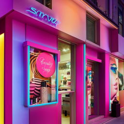 A contemporary beauty shop facade with vibrant colors, trendy signage, and a welcoming storefront window displaying beauty products.