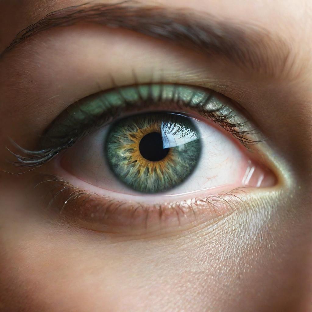 Exquisitely detailed 2D rendering of alluring human eyes in a breathtaking shade of green, shining with a radiant light and oozing emotion.