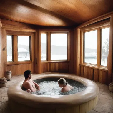 As the couple sat by the fireplace, they watched the pipe in of hot water that flowed into their luxurious indoor hot tub.